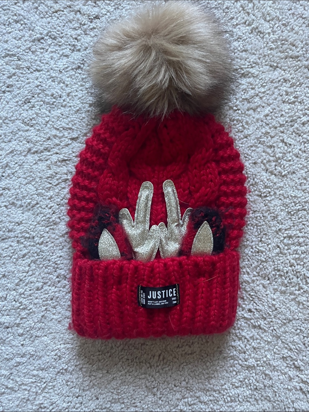 Justice Red Knit Beanie with Faux-Fur Pom and Gold Ear Accents